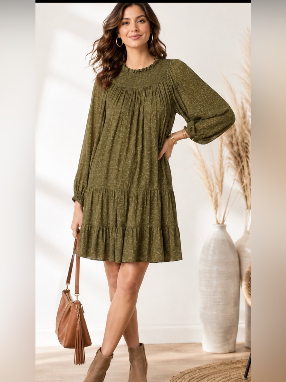 ANN TAYLOR LOFT~Ladies SZ:SP Smocked Swing Dress Blouson Sleeves Olive & Cream
